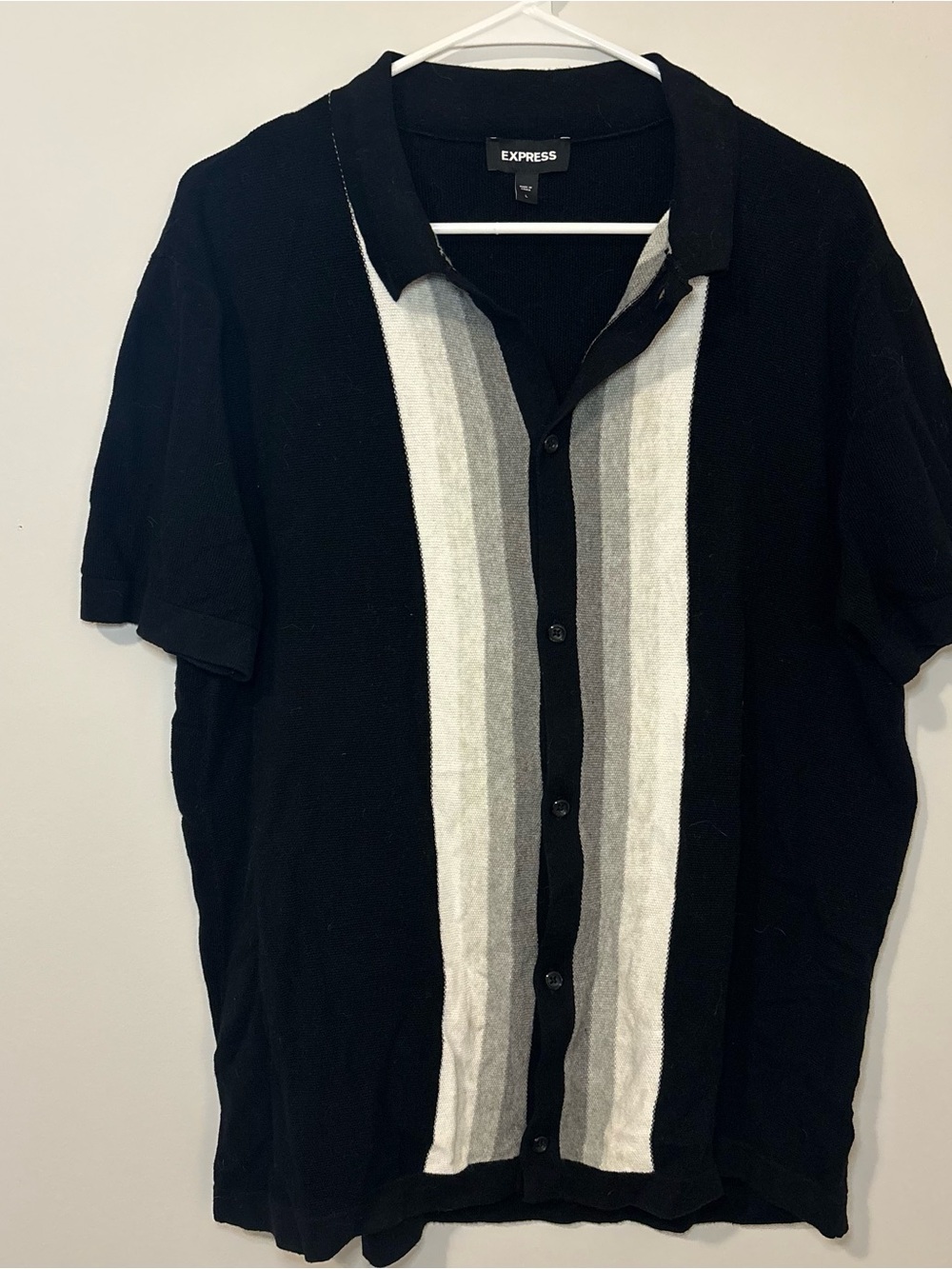 Express Men’s Black Striped Knit Button Up Polo Shirt Size L